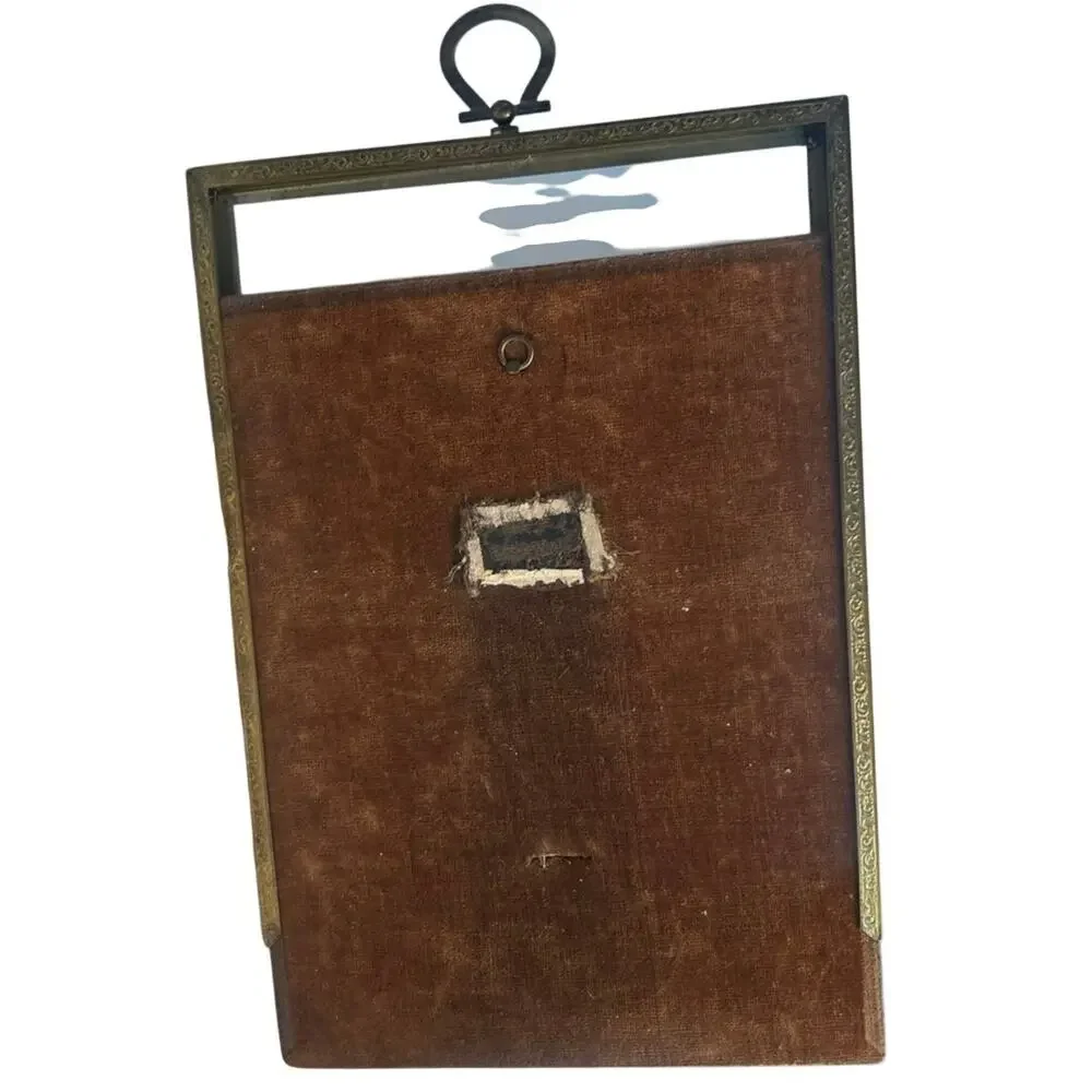 Vtg rectangular stamped metal antique aesthetics wall Frame, glass velvet slide